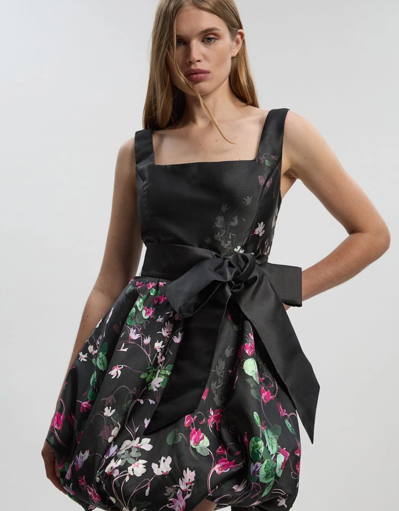 Scattered Floral Twill Mini Puff Ball Woven Dress