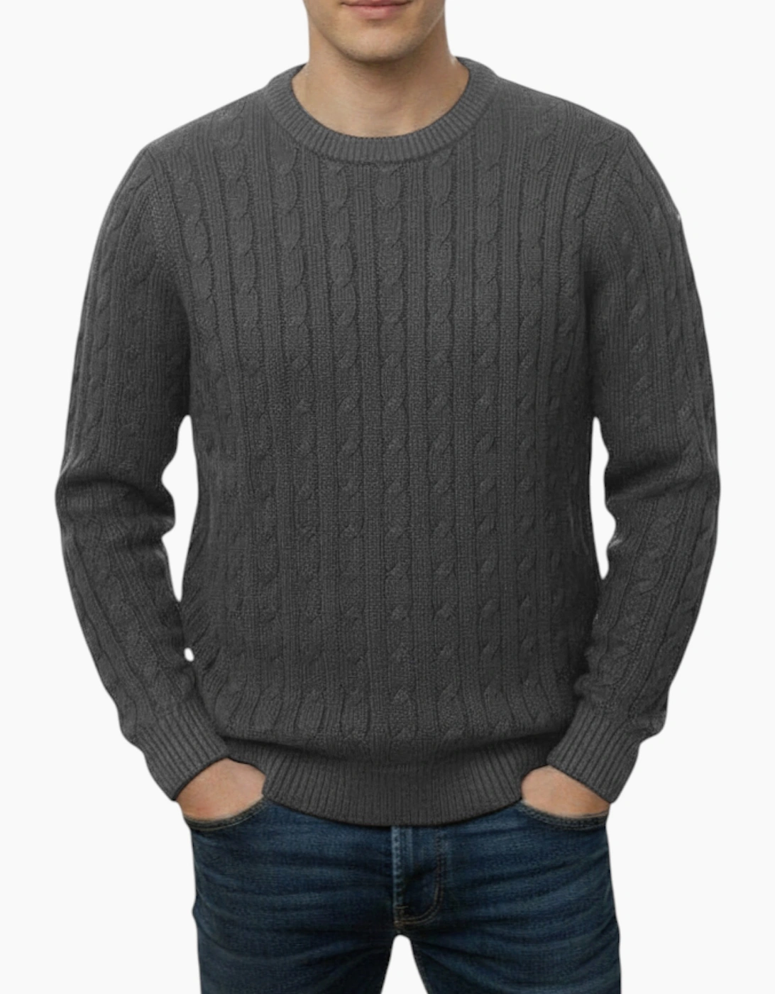 Firetrap Men's Mens Cable Knit Sweatshirt Chunky Crew Neck Pullover Cotton Winter Warm Jumper - Grey - Size: 44