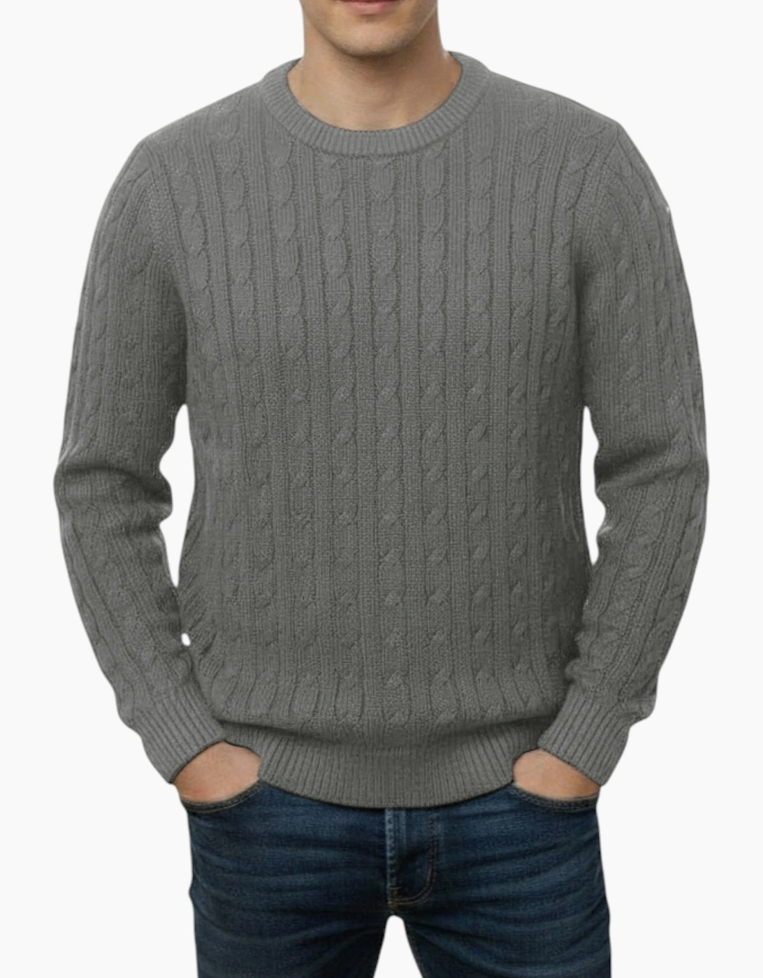 Firetrap Men's Grey Cable Knit Sweatshirt Chunky Crew Neck Pullover Cotton Winter Warm Jumper - Size: 42