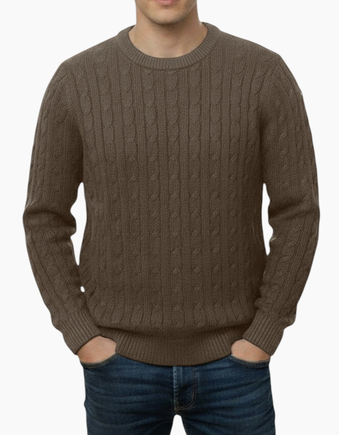 Firetrap Men's Mens Cable Knit Sweatshirt Chunky Crew Neck Pullover Cotton Winter Warm Jumper - Brown - Size: 38