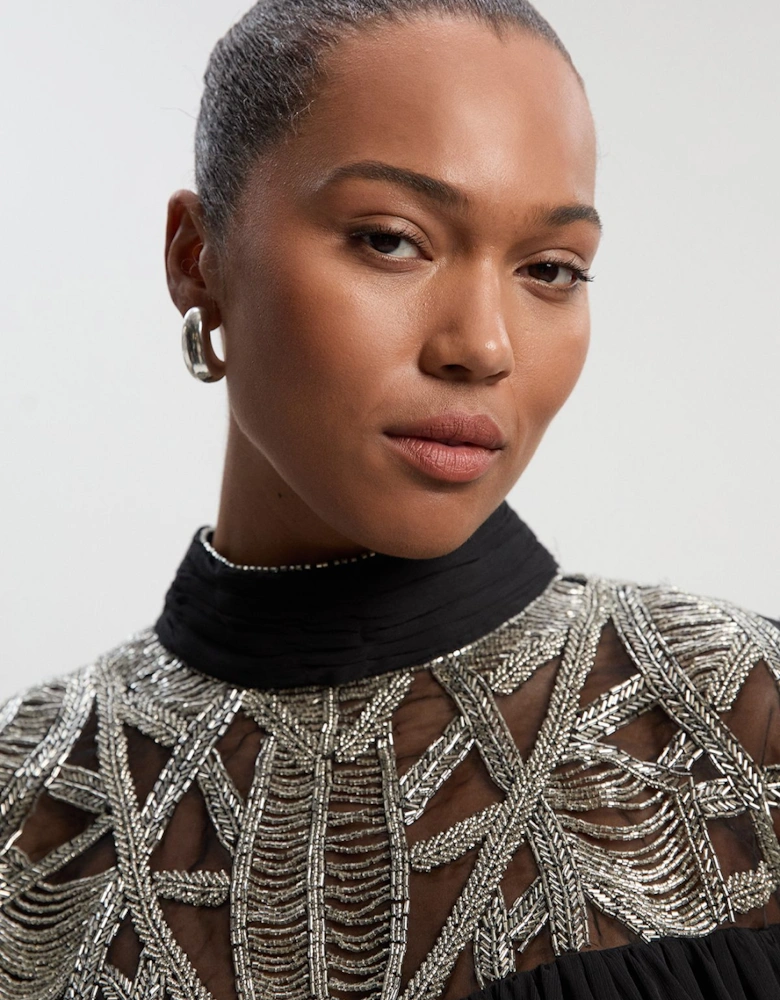 Plus Size Crystal Embellished Cutwork Cape Detail Woven Drama Blouse