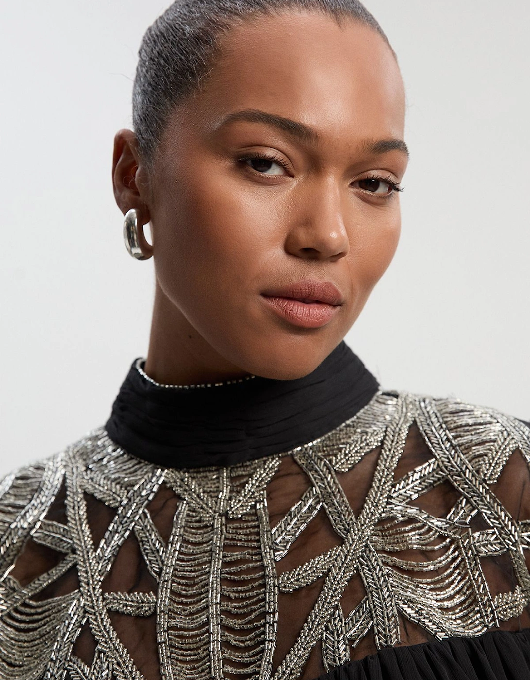 Plus Size Crystal Embellished Cutwork Cape Detail Woven Drama Blouse, 2 of 1
