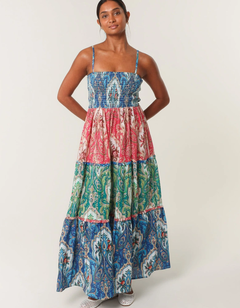 Multi Paisley Printed Shirred Waist Strappy Midi Dress