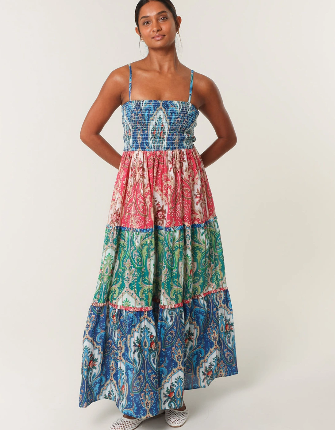 Multi Paisley Printed Shirred Waist Strappy Midi Dress, 2 of 1