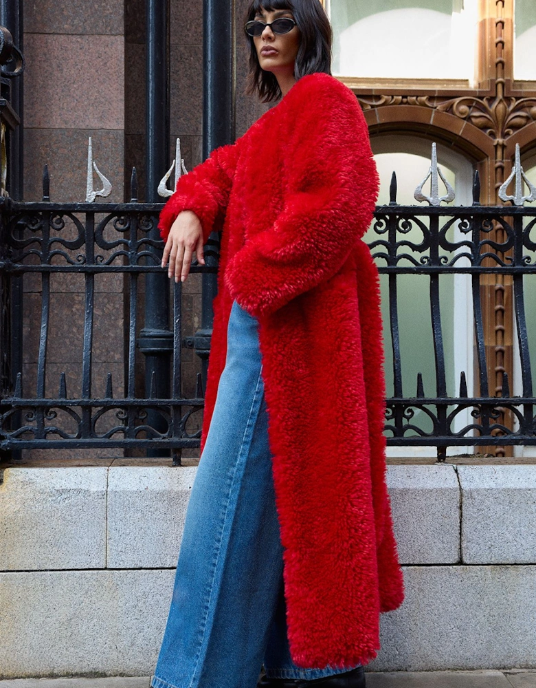 Red Maxi Belted Fur Coat