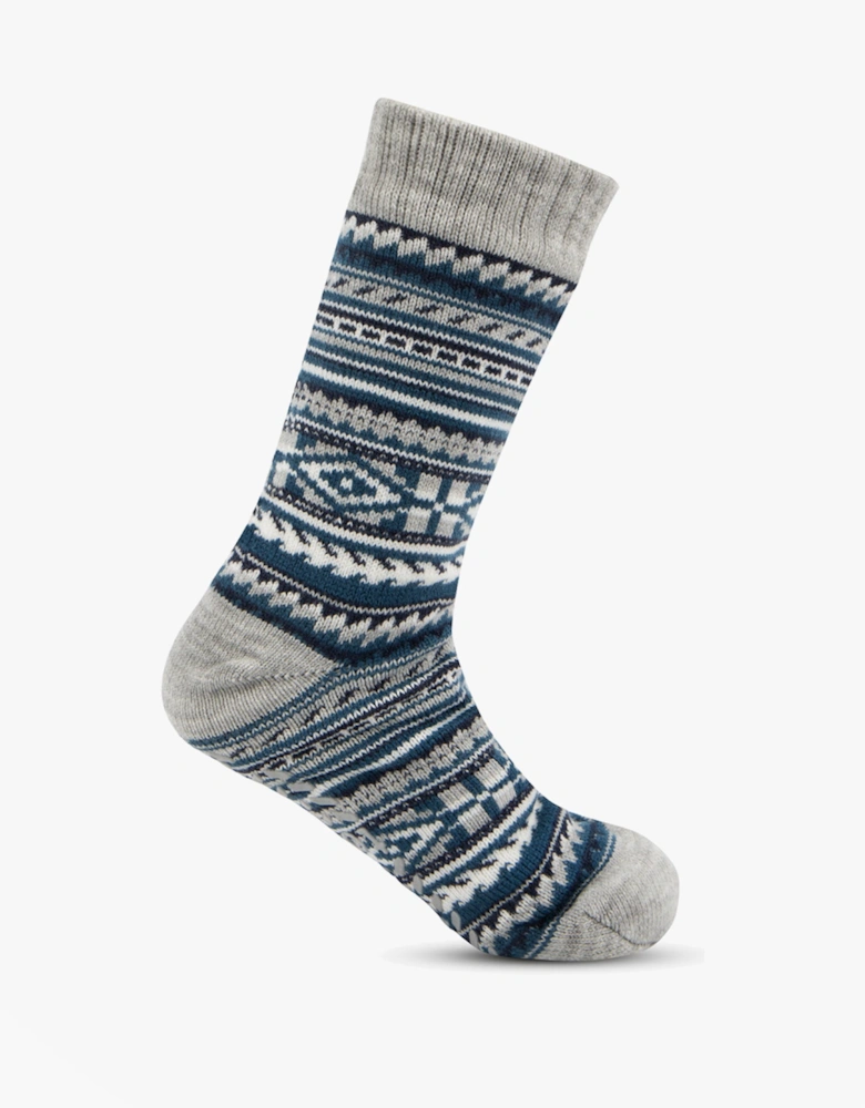 Toasties SHERPA LINED FAIR ISLE Mens Slippers Socks Blue Fair isle