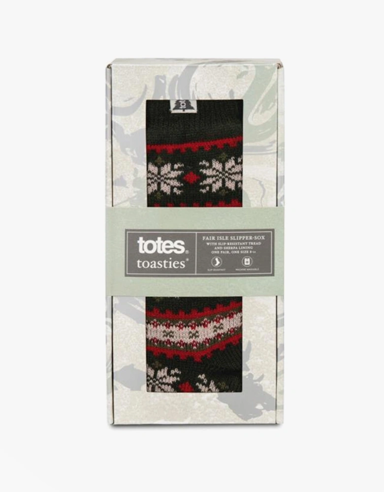 Toasties SHERPA LINED FAIR ISLE Mens Slippers Socks Red Fair isle