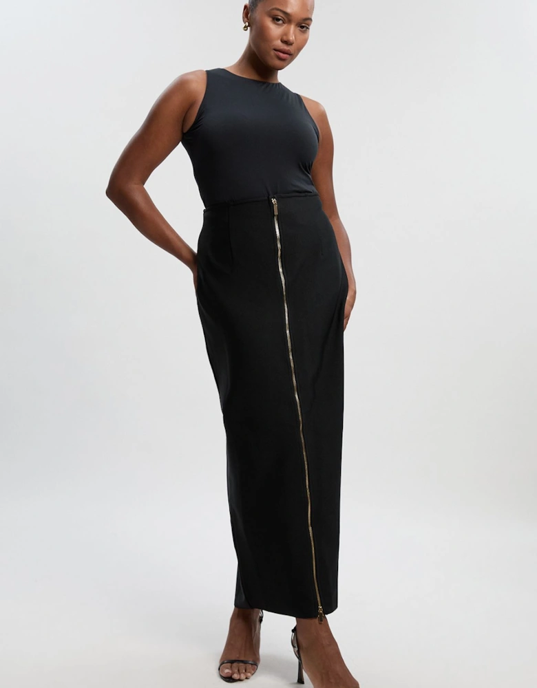Plus Size Figure Form Bandage Knit High Waisted Zip Detail Maxi Skirt