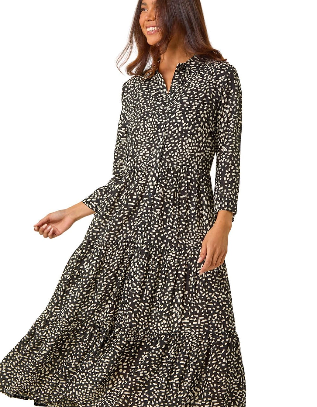 Petite Geometric Button Tiered Midi Dress, 2 of 1