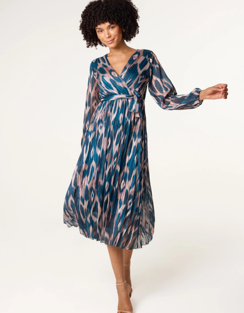 Teal Crossover Metallic Pleated Dress