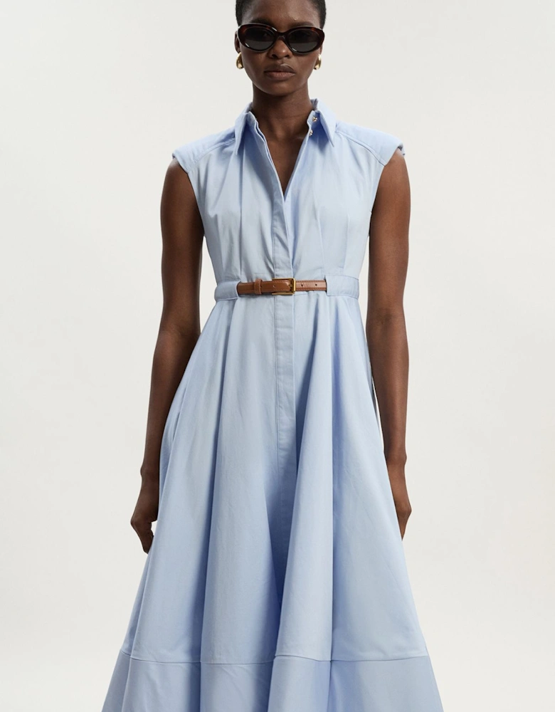 Tailored Cotton Belted Collared Full Midi Dress