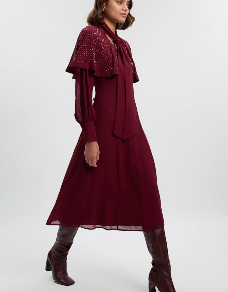 Hotfix Studded Tie Neck Detail Cape Woven Maxi Dress