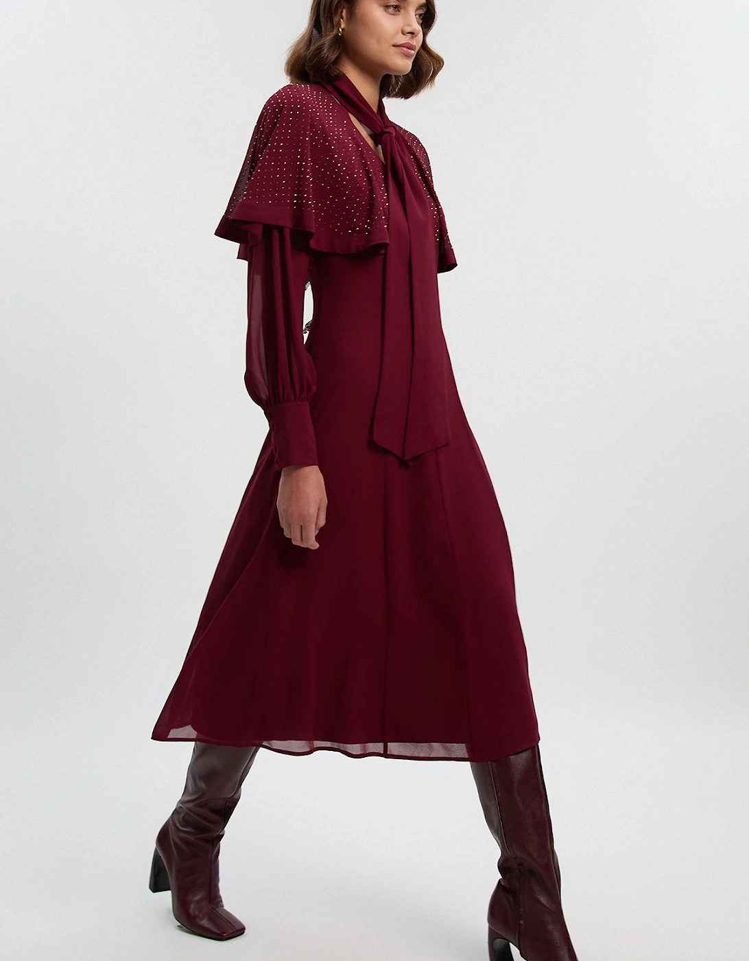 Hotfix Studded Tie Neck Detail Cape Woven Maxi Dress, 2 of 1