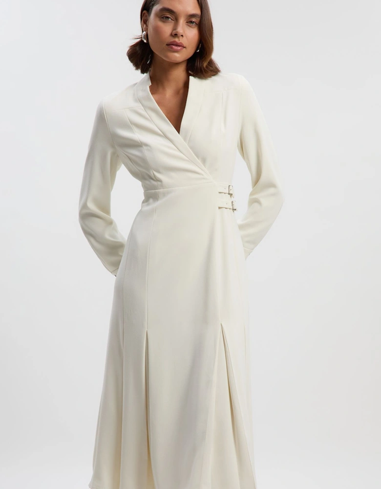 Tailored Crepe Buckle Waist Midi Shirt Dress