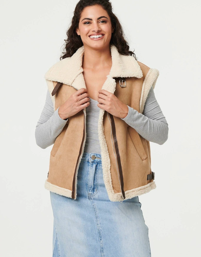 Faux Suede Fur Lined Sleeveless Gilet