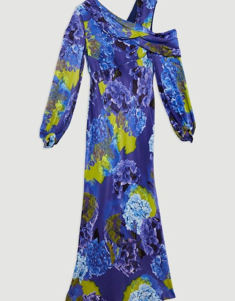Bright Floral Print Satin Cold Shoulder Draped Midi Dress