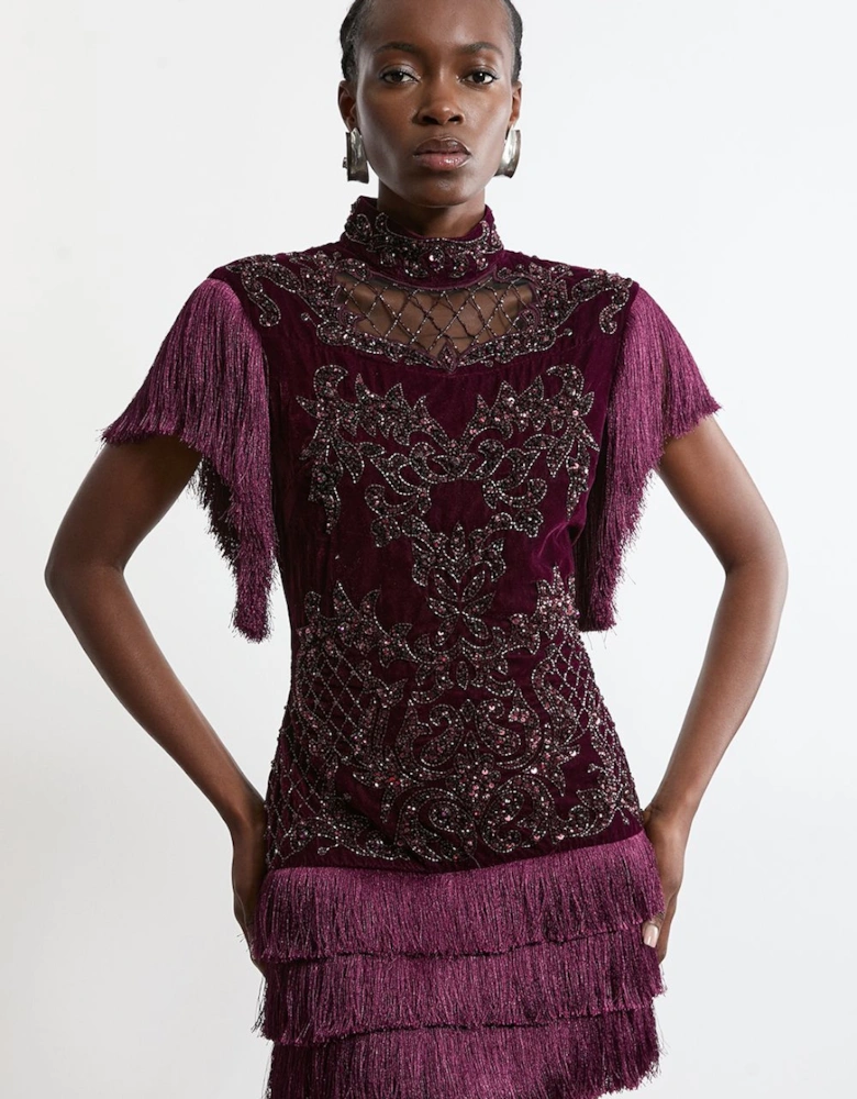 Velvet Baroque Fringe Woven Mini Dress