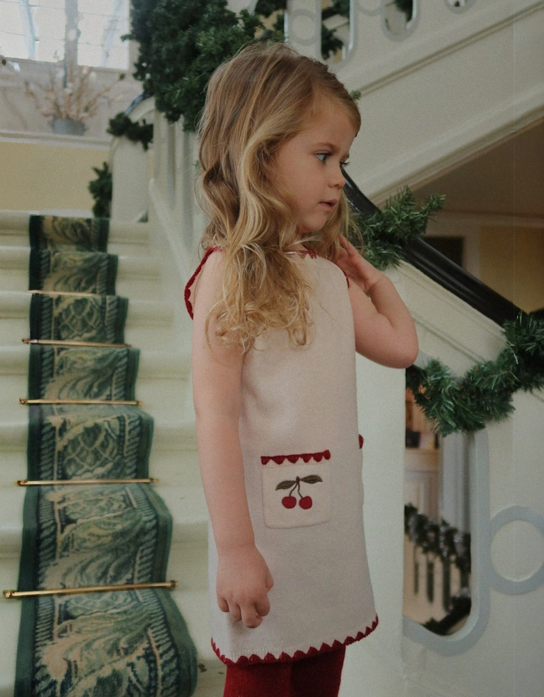 Konges Sløjd Girls Cherry Knitted Wool Collette Dress in Ivory