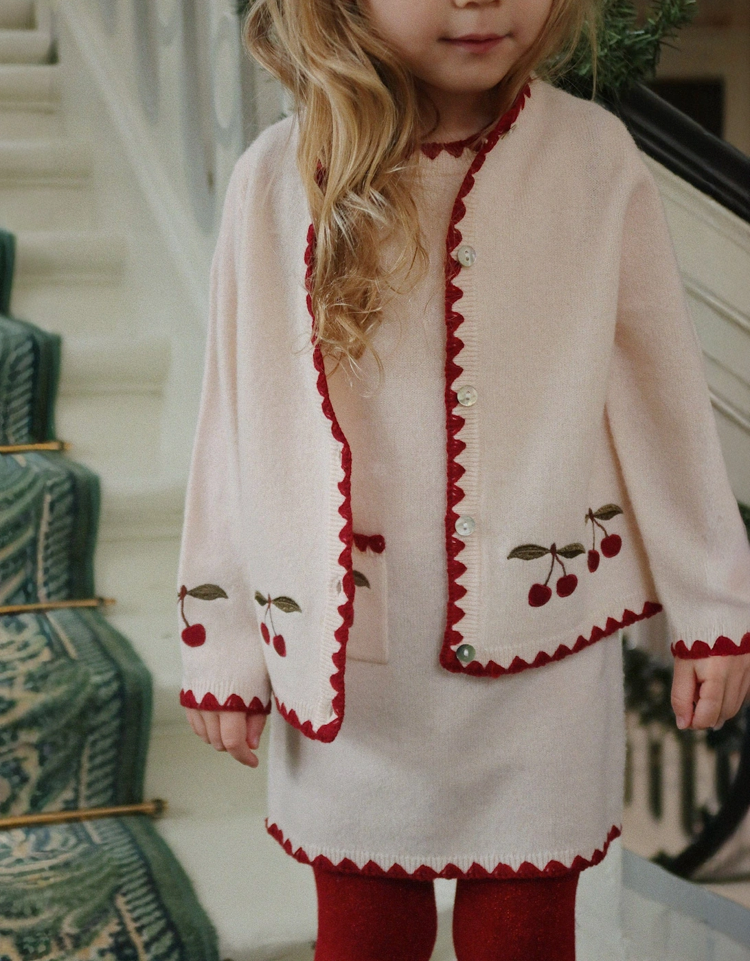 Konges Sløjd Girls Cherry Knitted Wool Collette Cardigan in Ivory