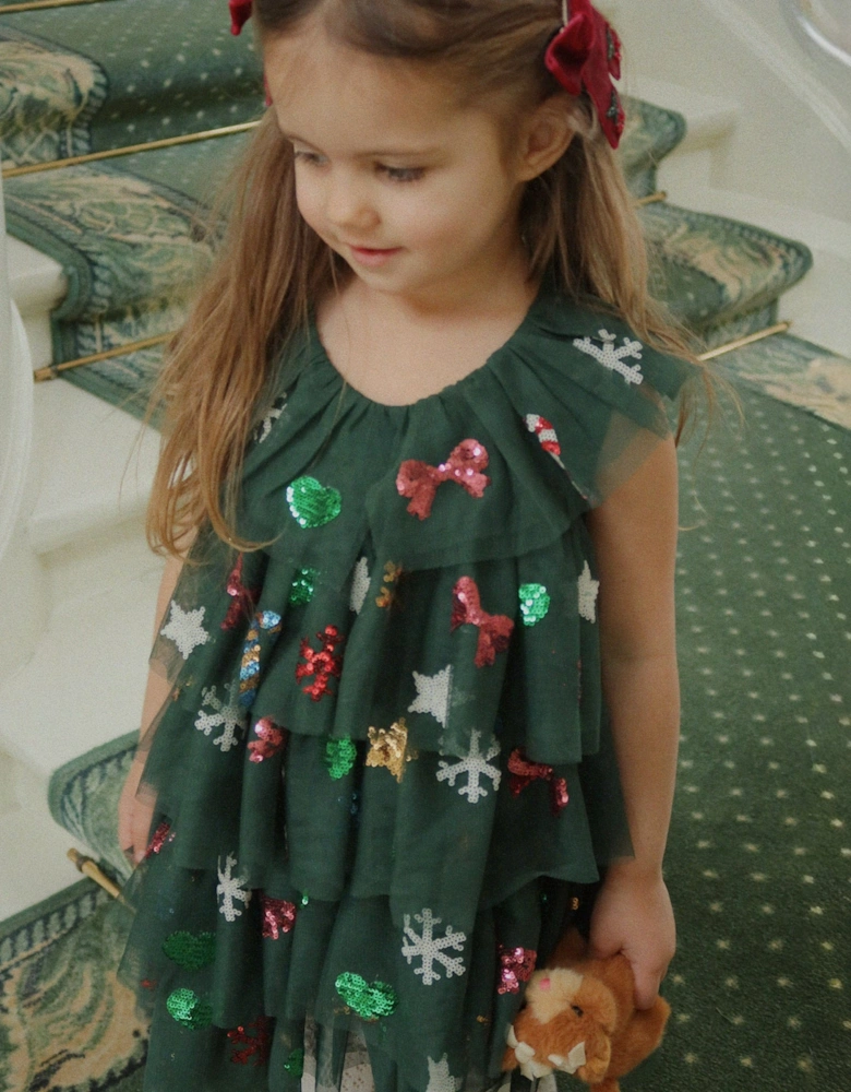 Girls Yvonne Tulle Christmas Dress in Green