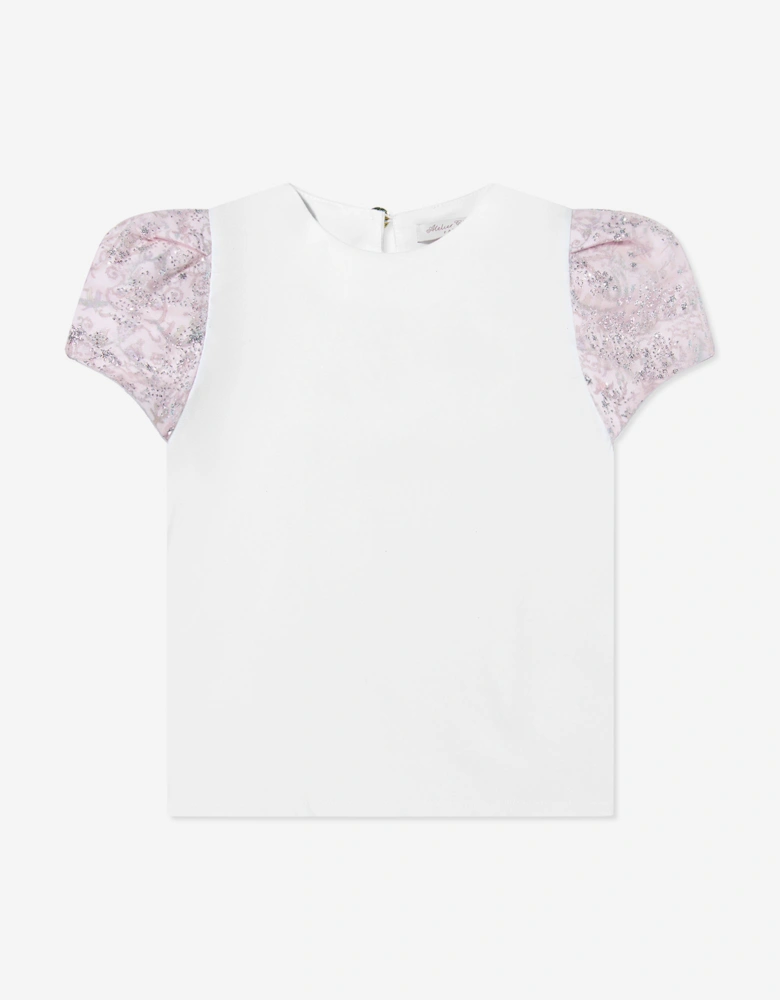 Girls Choux Sparkle Toile du Jouy Puff Sleeve Top in White
