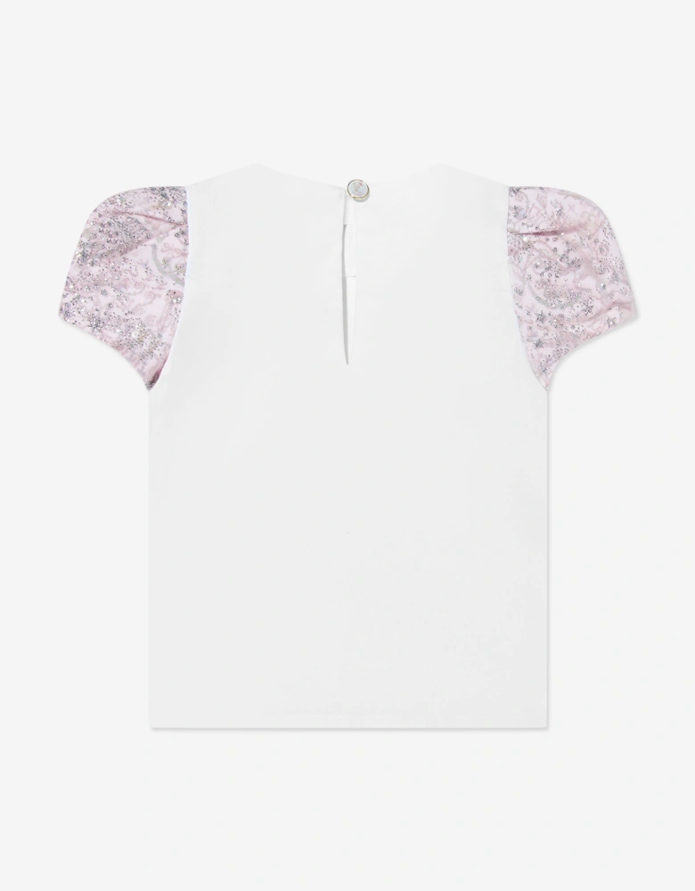 Girls Choux Sparkle Toile du Jouy Puff Sleeve Top in White