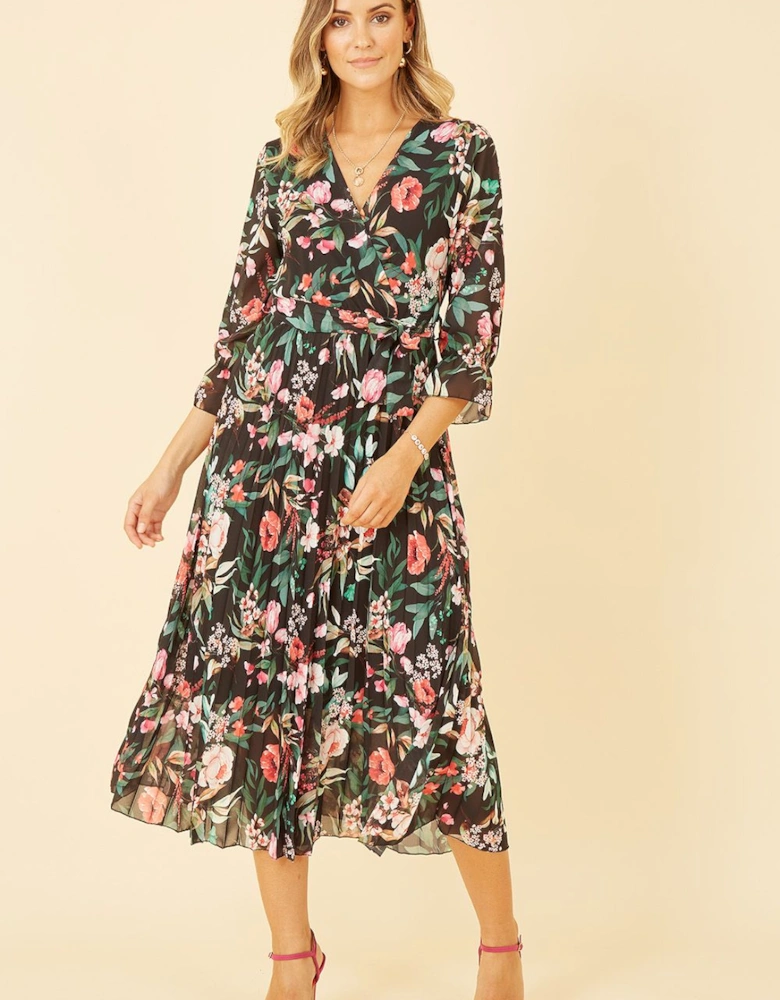 Black Floral Print Midi Wrap Dress With Pleated Skirt