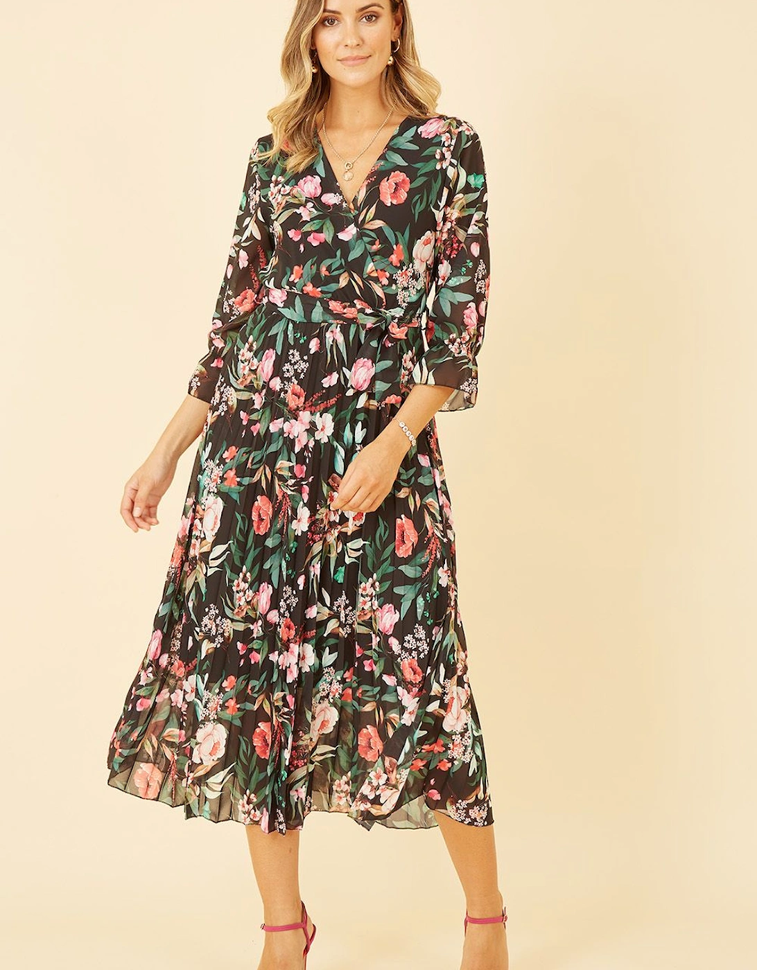 Black Floral Print Midi Wrap Dress With Pleated Skirt, 2 of 1