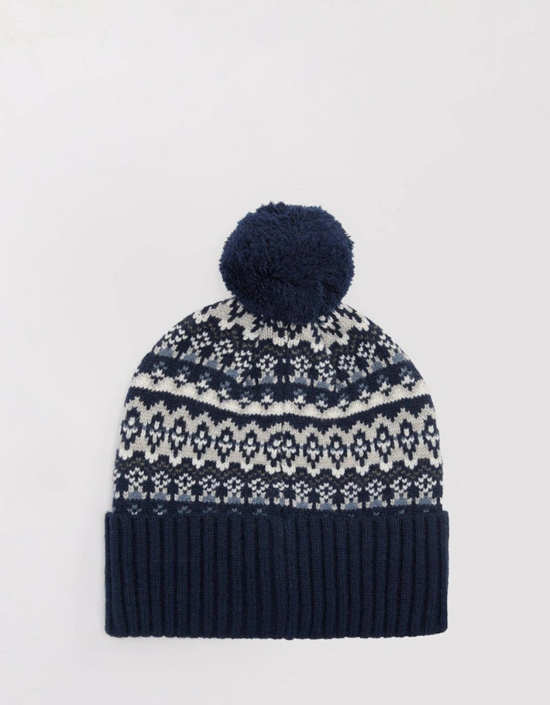 Marlow Fair Isle Pom Beanie Hat NY71 Navy