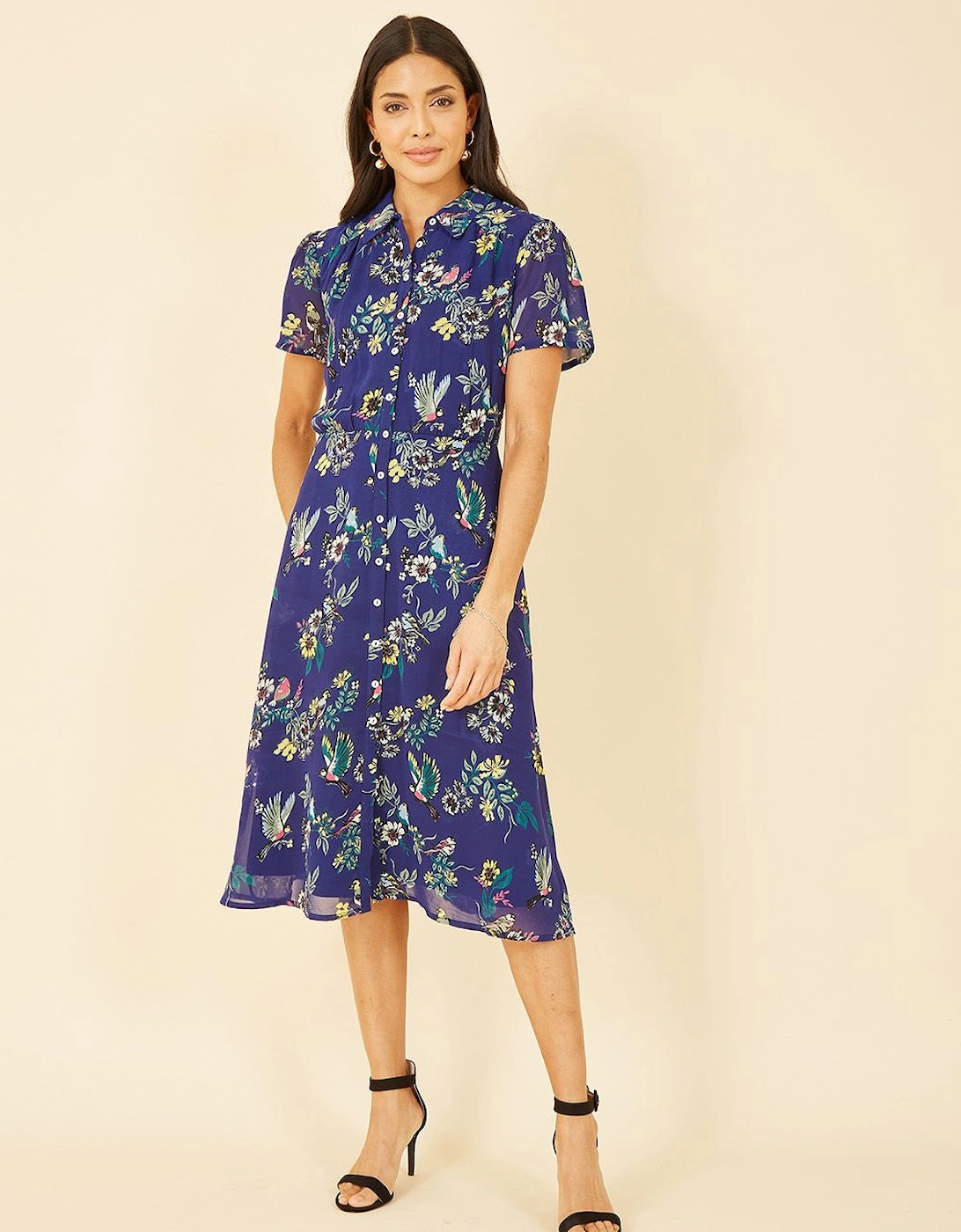 Navy Recycled Bird Print Midi Shirt Dress, 2 of 1