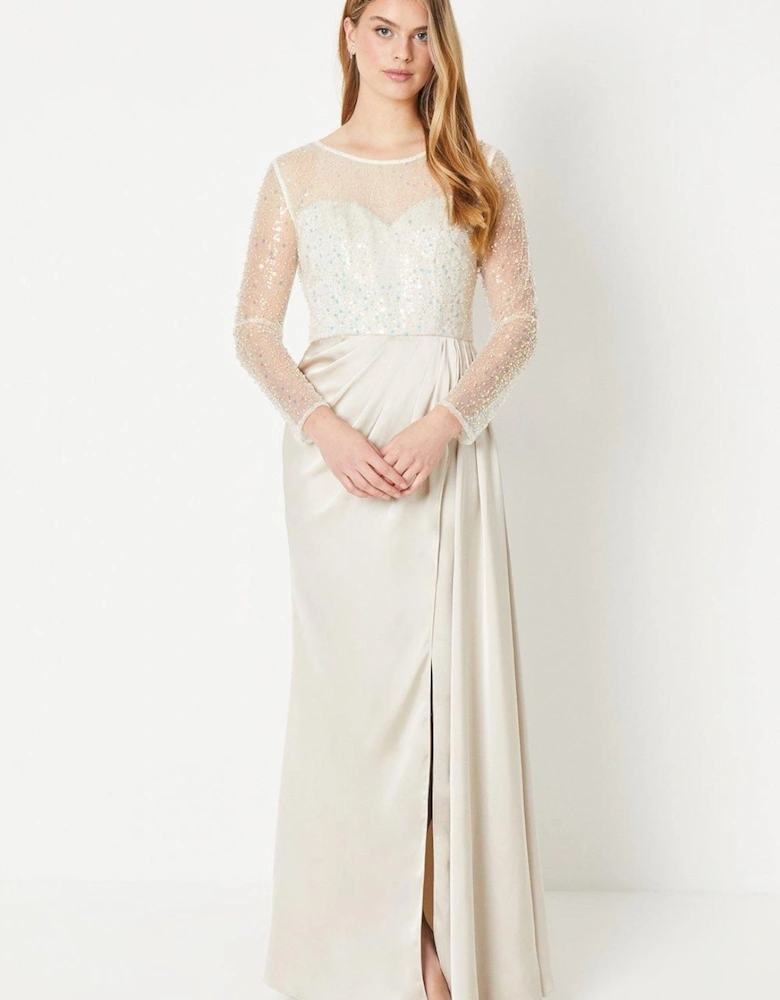 by Coast Long Sleeve Satin Skirt Prom Dress