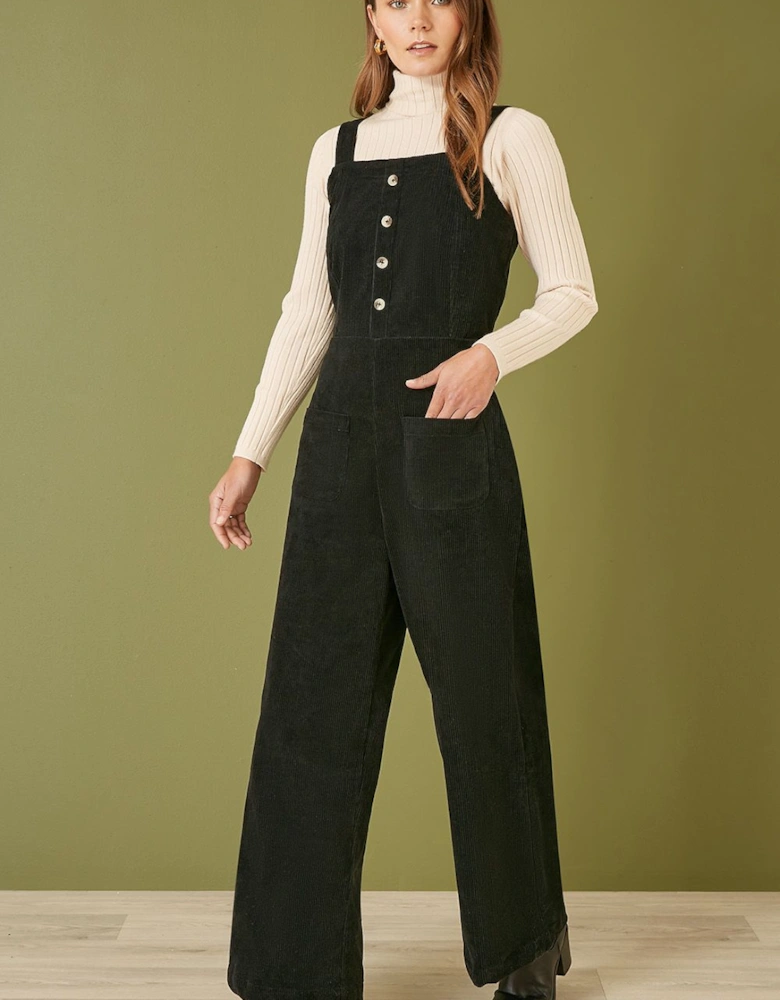 Black Cord Stretch Dungaree Style Jumpsuit