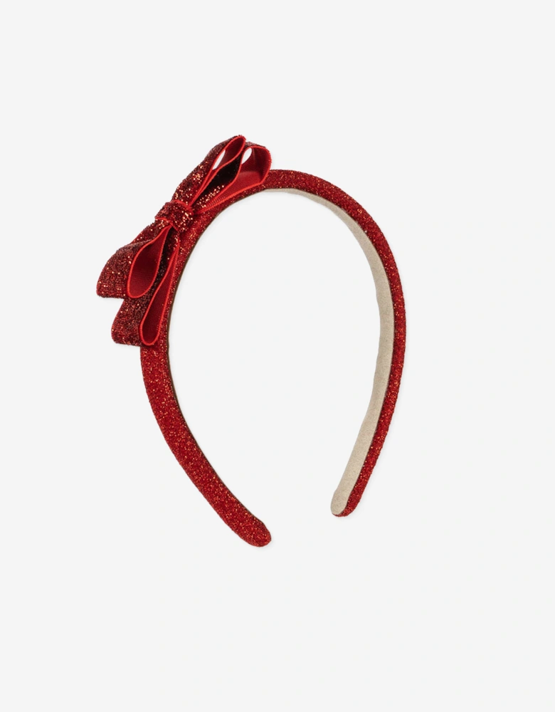 Girls Velvet Glitter Bow Headband in Red