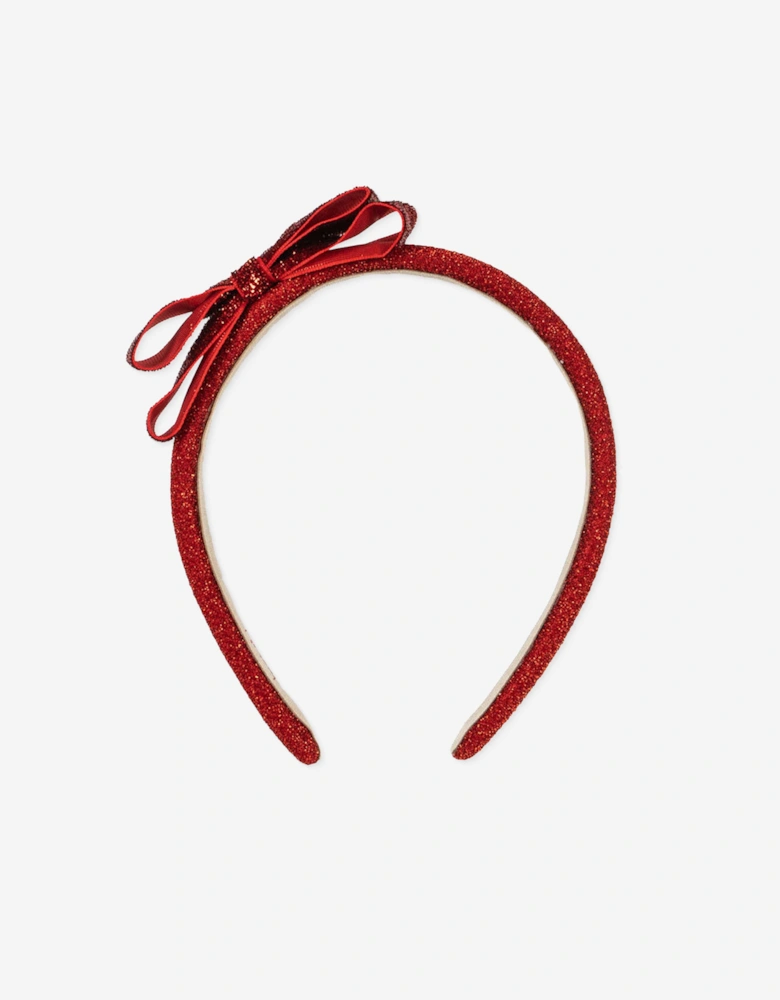 Girls Velvet Glitter Bow Headband in Red
