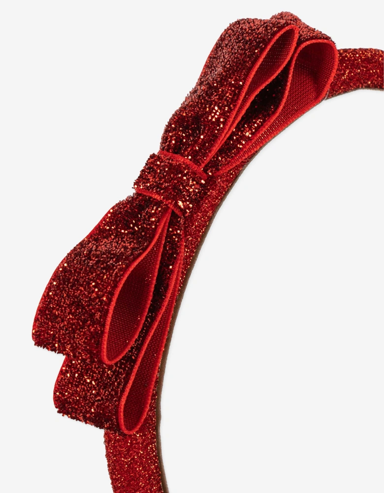 Girls Velvet Glitter Bow Headband in Red