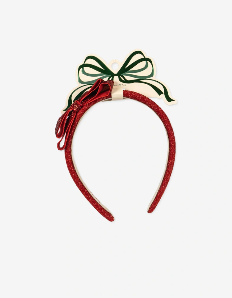 Girls Velvet Glitter Bow Headband in Red
