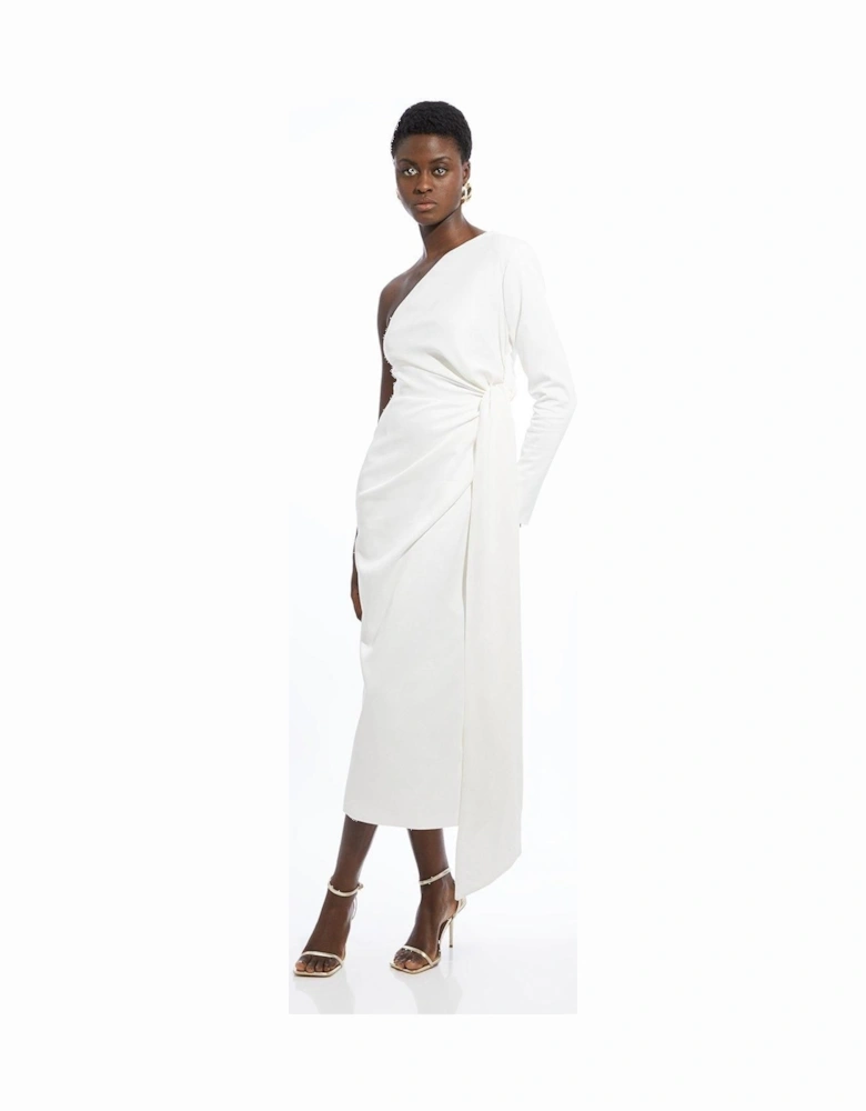 Satin Back Crepe One Shoulder Drape Midi Dress