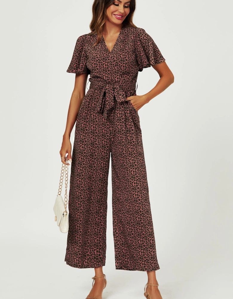 Leopard Print Wrap Top Jumpsuit In Rusty