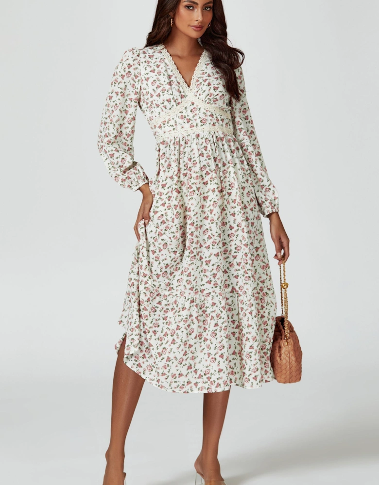 Floral Print Long Sleeve Midi Dress In White