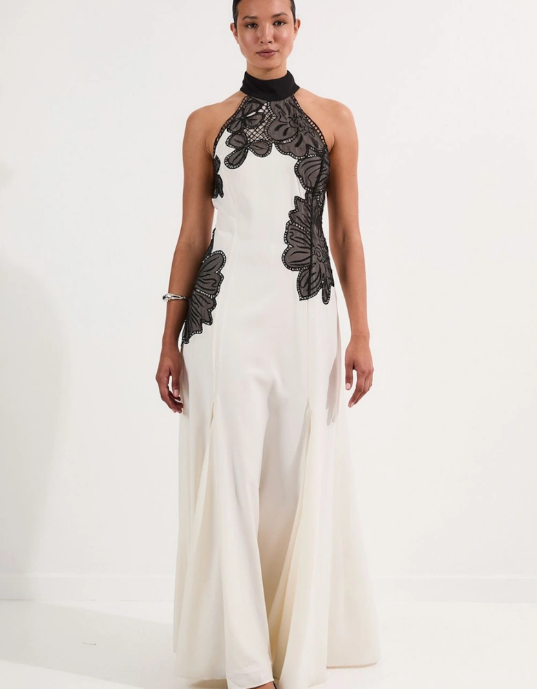 Embroidered Applique Crepe Halter Woven Maxi Dress