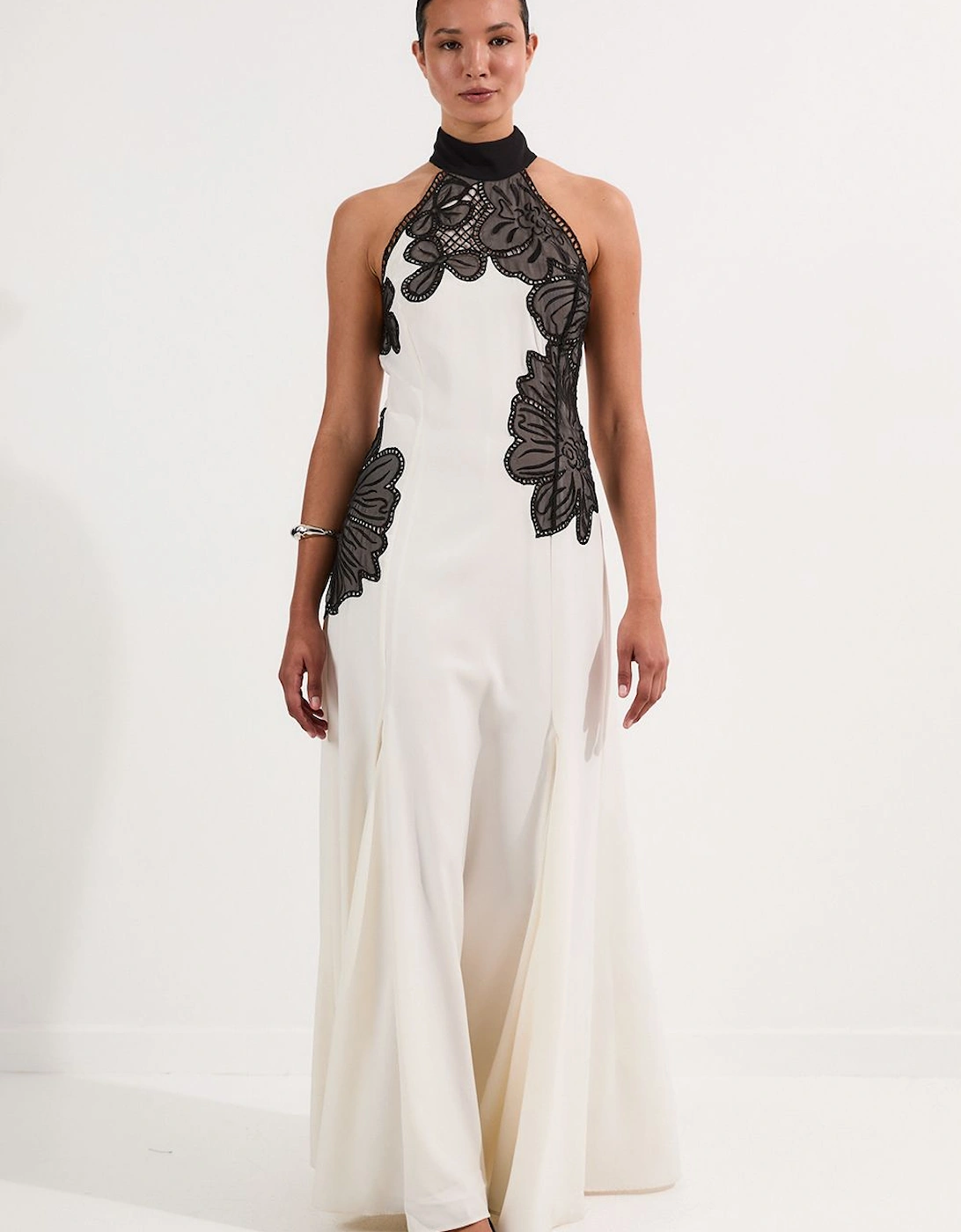 Embroidered Applique Crepe Halter Woven Maxi Dress, 2 of 1
