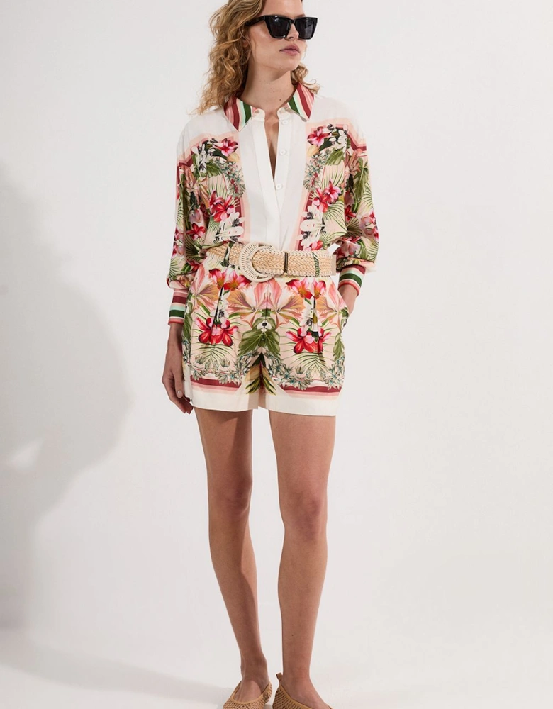 Mirrored Viscose Linen Floral Print With Raffia Belt Woven City Short