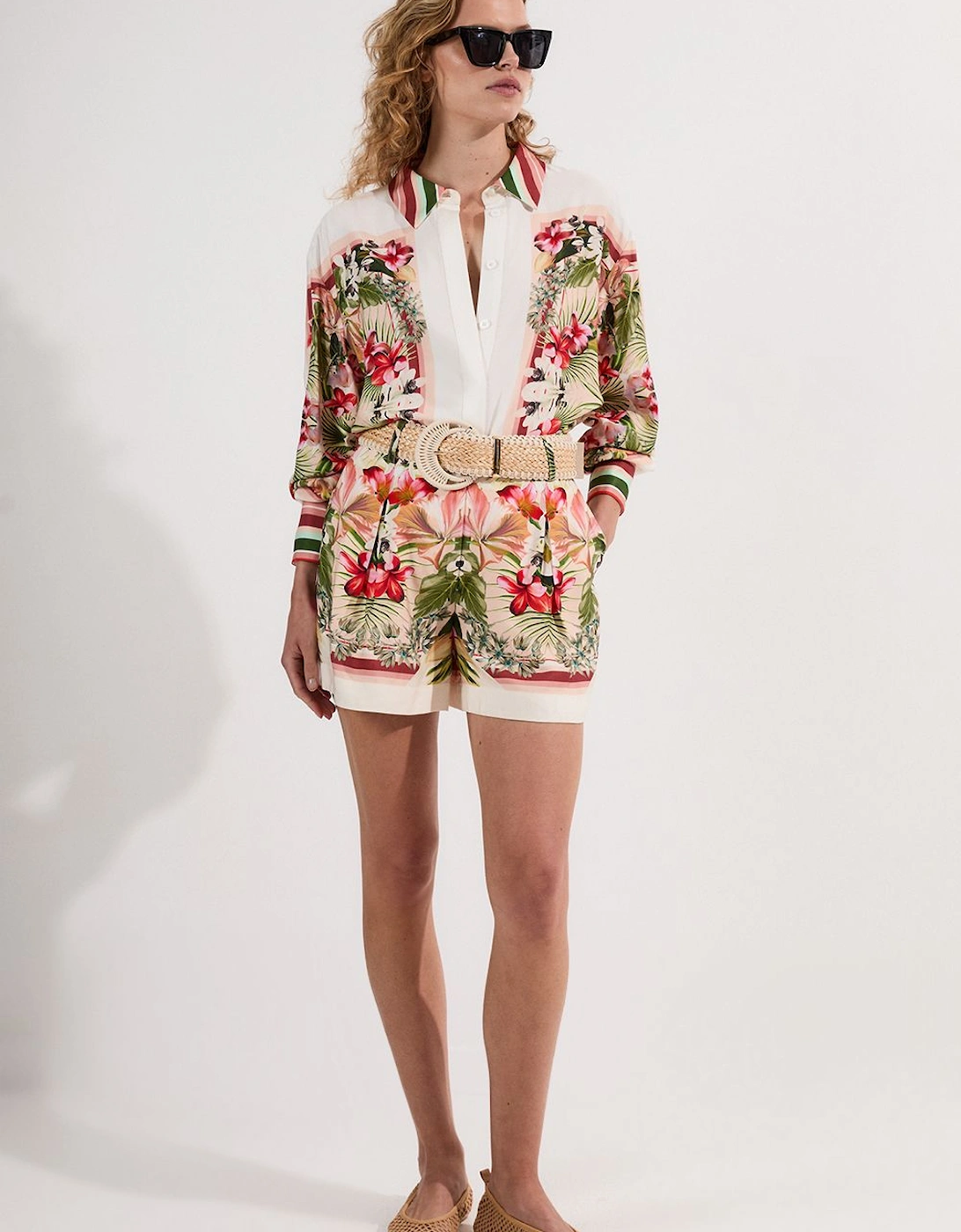 Mirrored Viscose Linen Floral Print With Raffia Belt Woven City Short, 2 of 1