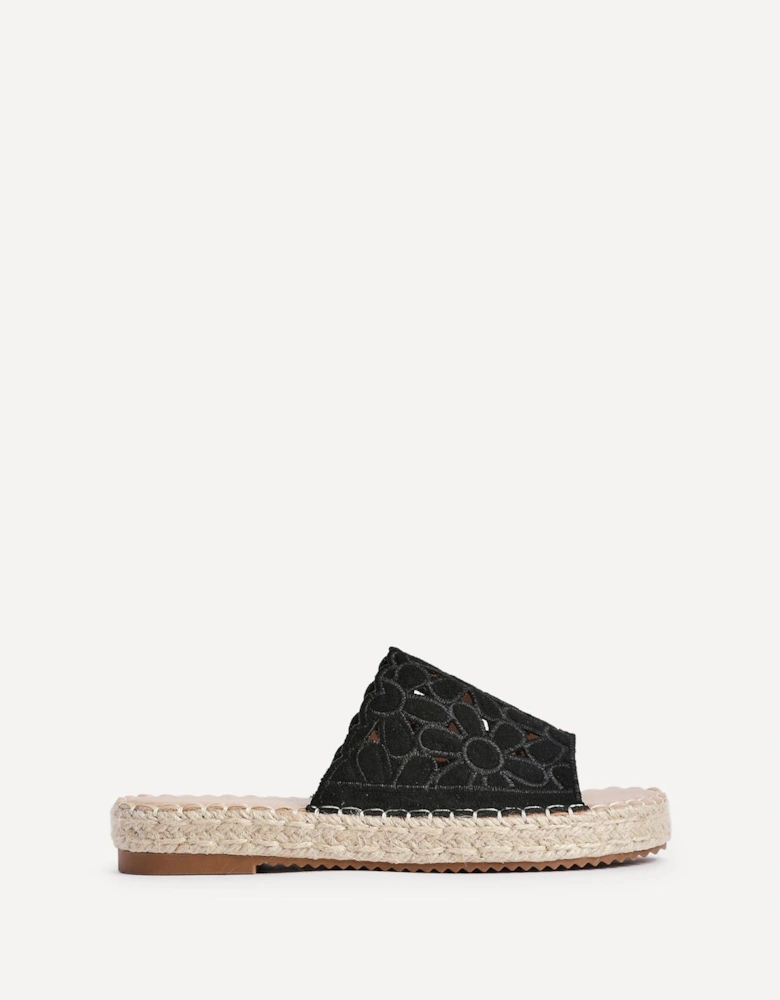 Parade Black Suede Floral Espadrille Flatform Slider