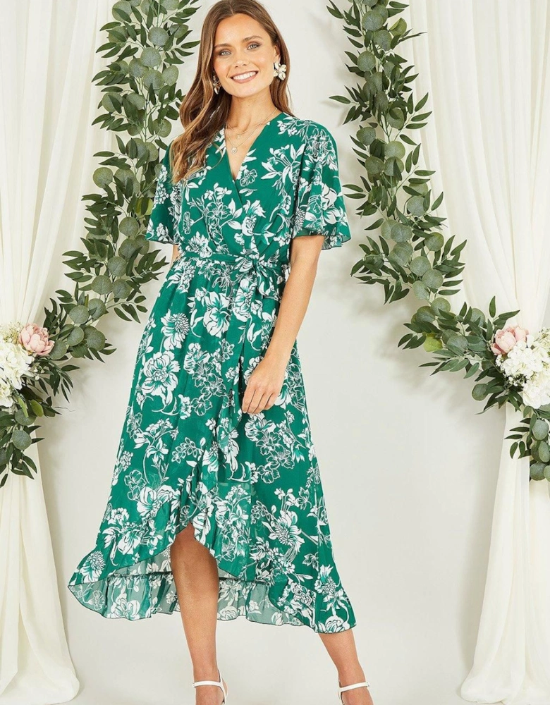 Green Floral Wrap Midi Dress With Frill Detail