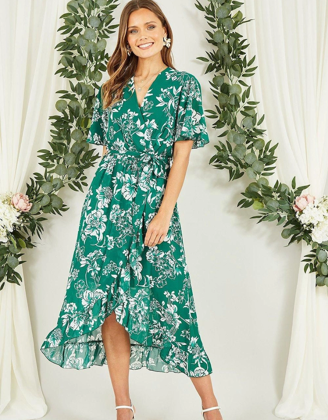 Green Floral Wrap Midi Dress With Frill Detail, 2 of 1