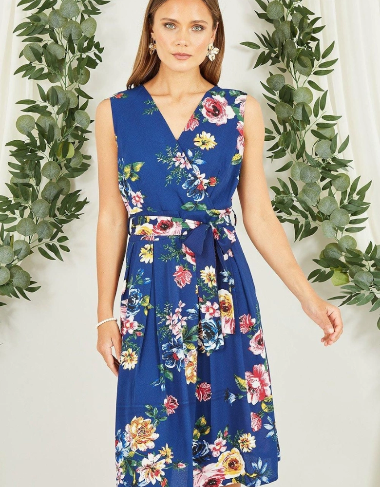 Navy Floral Wrap Over Midi Skater Dress