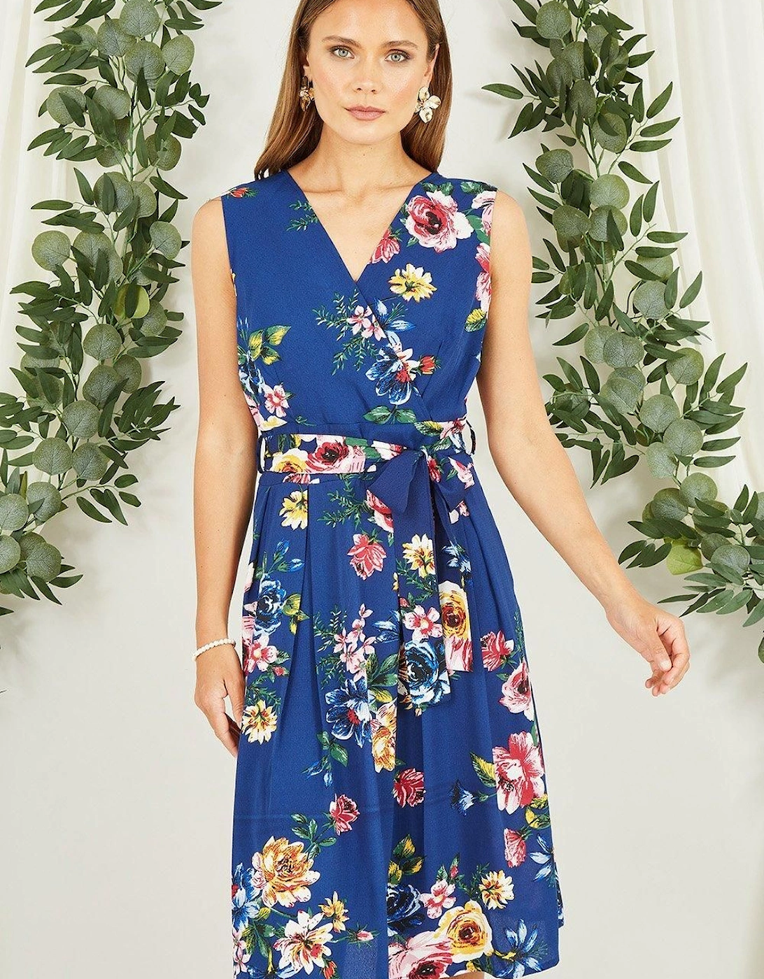 Navy Floral Wrap Over Midi Skater Dress, 2 of 1