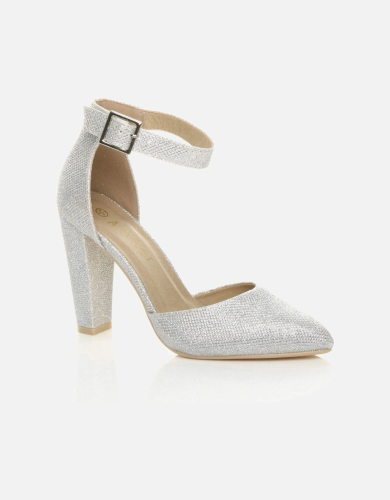 High Block Heel Ankle Strap Pointed Toe Glitter Mesh 2 Part Heels