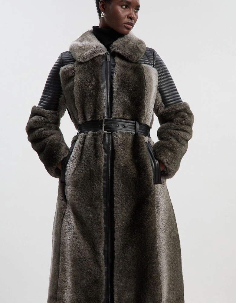 Petite Faux Fur & Faux Leather Panelled Biker Belted Long Coat
